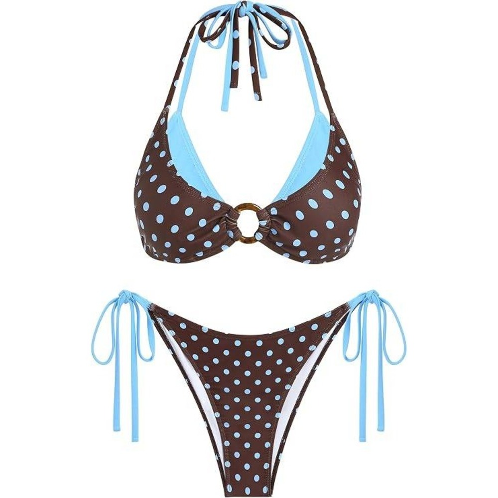 Zaful Polka Dot Bikini Set Brown Blue Halter Side Tie Swimsuit Women Size M